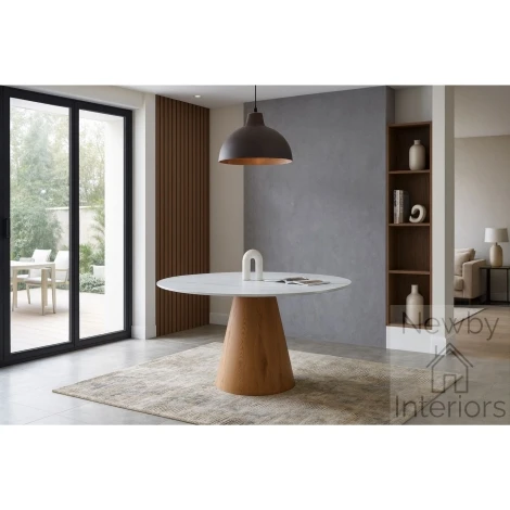 DT-222 - Lilian Matt Sintered Stone Dining Table 120cm Round White Top Walnut Base