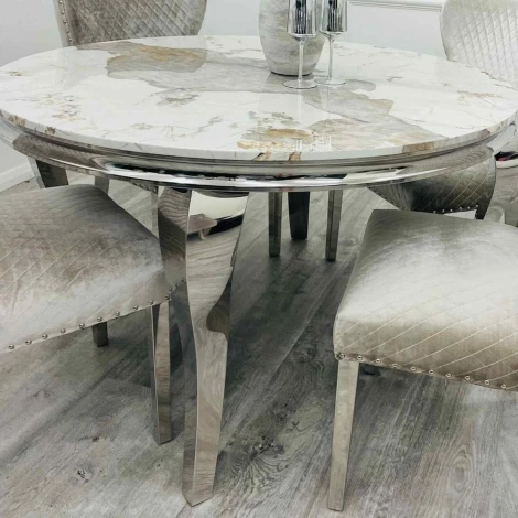 1.3r-LDT-PANDM - Louis Pandora Patterned Marble & Chrome Round Dining Table (130cm)