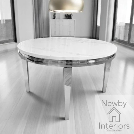 1.3r-LDT-POLWHT - Louis Polar White Sintered Stone & Chrome Round Dining Table (130cm)