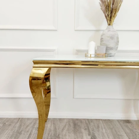 CONT-LOU-GLD-POLWHT-1.2 - Louis Polar White Sintered Stone & Gold Console Table