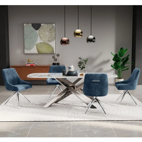 NH-TB-LORENZO-DN-GLS-DC-HUGO-BLU-SSS - Lorenzo White & Gold Gloss Ceramic Dining Table & Blue Hugo Chairs (180Cm)
