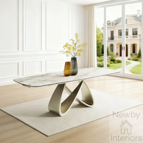 DTX-830 - Ludovica Gloss Italian Ceramic Side Extending Dining Table 180–260cm Rectangular Sunset Vein Top Golden Champagne Base