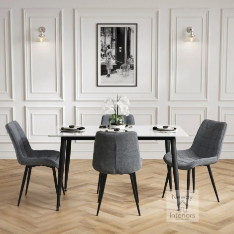LUNMBLDSE* - Luna White Marble Effect Dining Set with 4 Grey Fabric Chairs