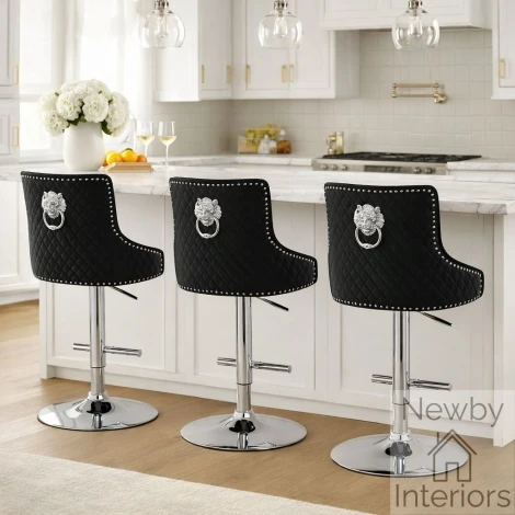 Majestic Black Velvet, Silver Lion Knocker Bar Stool