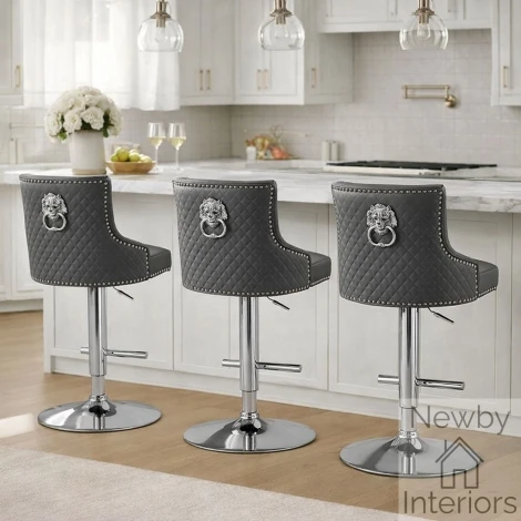 Majestic Grey PU, Silver Lion Knocker Bar Stool