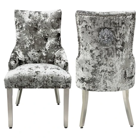 DC270 - Majestic Crushed Velvet, Silver Lion Knocker Chair (Pair)