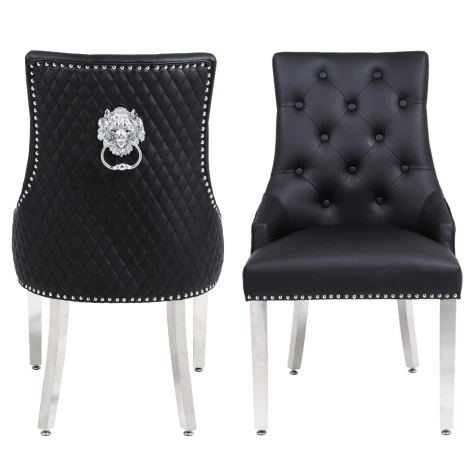 DC288 - Majestic Black PU, Silver Lion Knocker Chair (Pair)