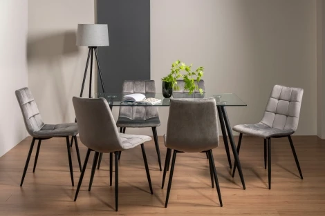 Martini Clear Glass 6 Seater Table & 6 Mondrian Grey Velvet Chairs