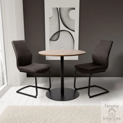 Manhattan Light Walnut Wooden Top .8m Small Round Dining Table with Black Pedestal Base
