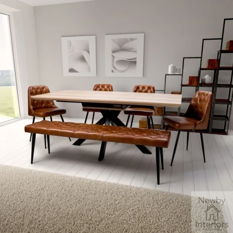 MAN-183-OK - Manhattan Oak Marble Effect 1.4-1.8m Extending Large Dining Table with Metal Legs
