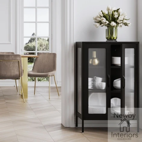 MARBLACAB - Marsh Black Steel Framed Cabinet with Reeded Glass Panel Front