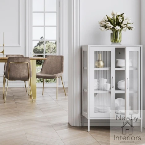 MARWHICAB - Marsh White Steel Framed Cabinet with Reeded Glass Panel Front