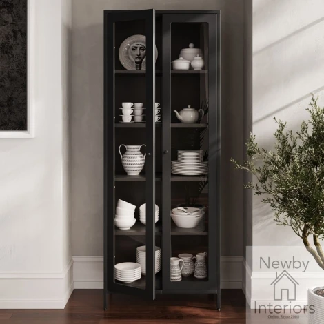 MASBLACAB - Mase Matte Black Steel Tall Cabinet with Glass Panel Front