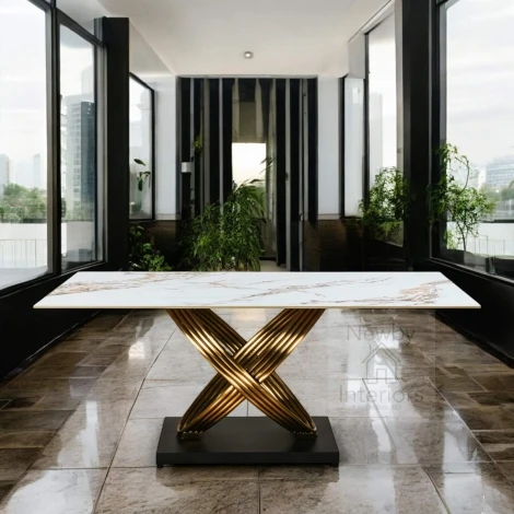 Matino White & Gold Gloss Ceramic Dining Table (180cm)