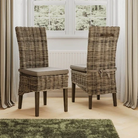 Maya Handmade Kubu Rattan Grey Wash Dining Chair Dark Legs (Pair)