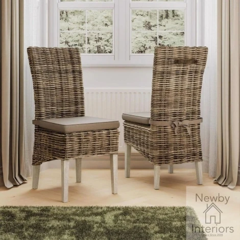 MAY03B - Maya Handmade Kubu Rattan Grey Wash Dining Chair Light Legs (Pair)