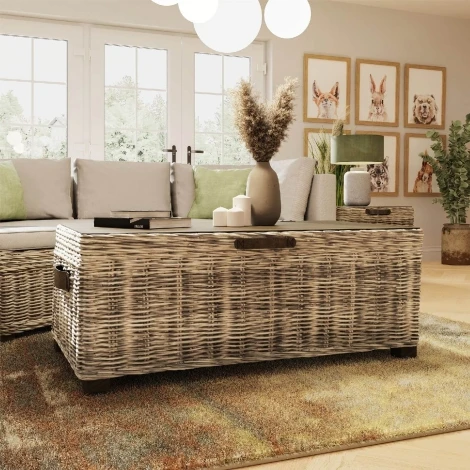 Maya Kubu Rattan Storage Coffee Table Limewash