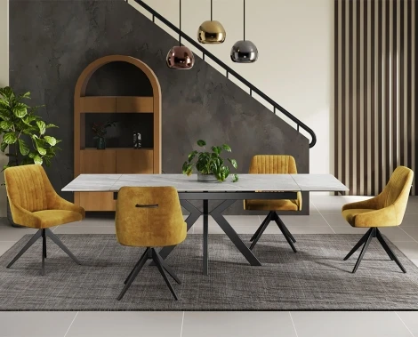 NH-TB-MARCO-PG-GLS-DC-HUGO-MS-BL - Marcon Gloss Grey Ceramic Side Extending Dining Table & Mustard Chairs (160-240cm)