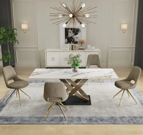 NH-TB-MATTIA-PD-GLS-DC-KASPER-ST-GSS - Mattia White & Gold Gloss Ceramic Dining Table & Dining Chairs