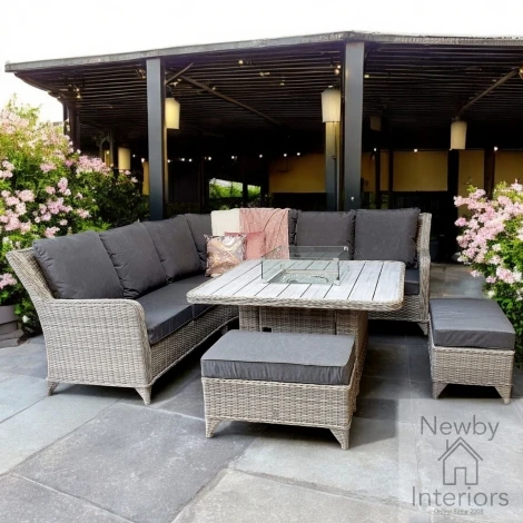 Meghan Outdoor Corner Sofa, Square Fire Pit Dining Set (Aluminium Top)