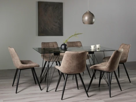 Miro Clear Glass 6 Seater Table & 6 Seurat Tan Faux Suede Fabric Chairs