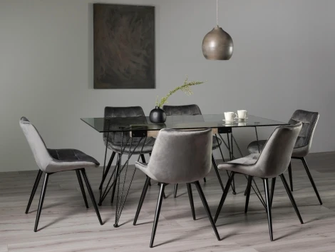 H5001-4-35-VGY-6 - Miro Clear Glass 6 Seater Table & 6 Seurat Grey Velvet Chairs