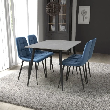 Monaco 120cm Grey Ceramic Table & 4 Madison Blue Velvet Chairs