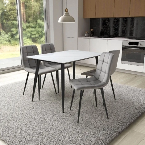 Monaco 120cm White Ceramic Table & 4 Madison Grey Velvet Chairs