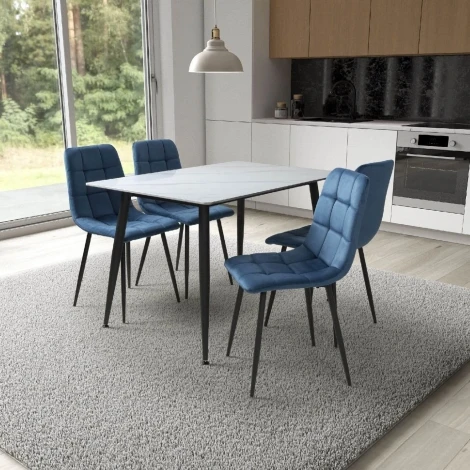Monaco 120cm White Ceramic Table & 4 Madison Blue Velvet Chairs