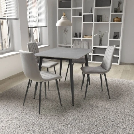 Monaco 120cm Grey Ceramic Table & 4 Lisbon Grey Velvet Chairs