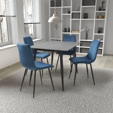 Monaco 120cm Grey Ceramic Table & 4 Lisbon Blue Velvet Chairs