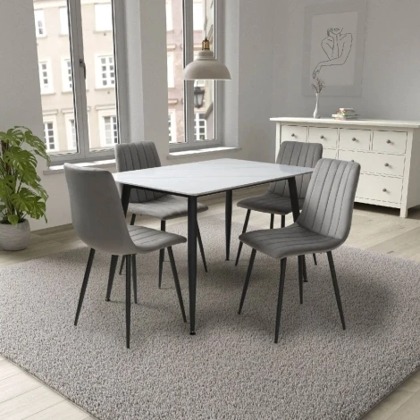 Monaco 120cm White Ceramic Table & 4 Lisbon Grey Velvet Chairs