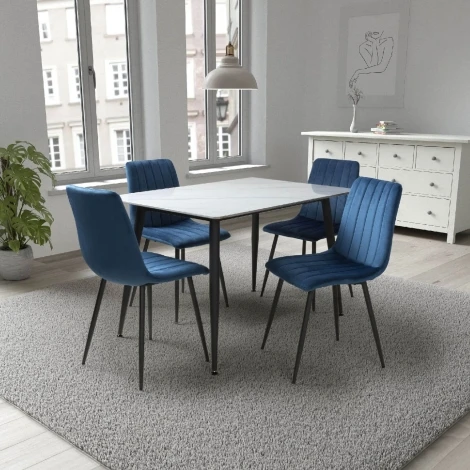 Monaco 120cm White Ceramic Table & 4 Lisbon Blue Velvet Chairs