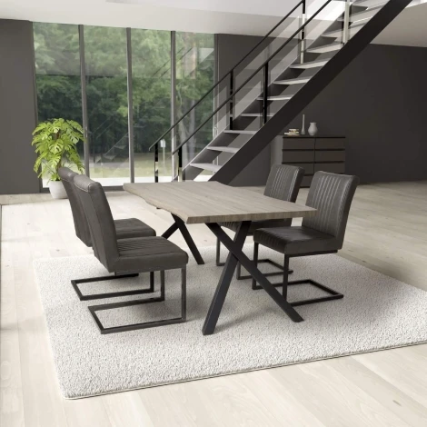 Narvik - Rectangle - 160cm/1.6m - Curved Edge - Antique Pine Effect - Dining Table & 4 Archer - Upholstered - Grey Leather Fabric - Dining Chair