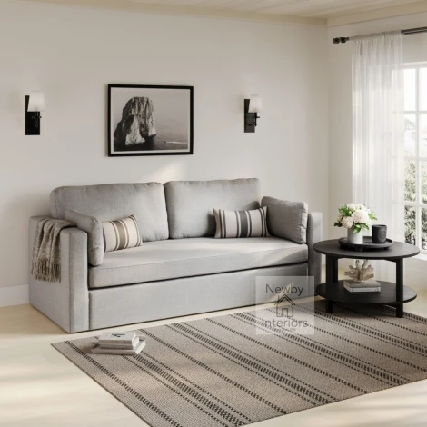 NEWLGR3SS - Newport Light Grey Linen Fabric 3 Seater Sofa with 2 Scatter Cushions