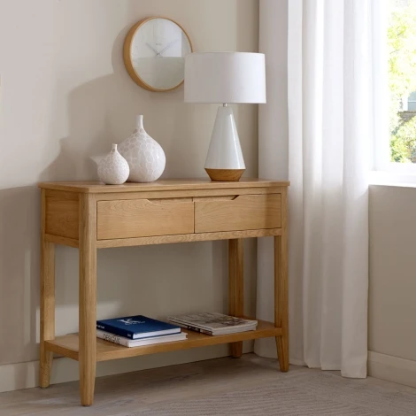 Ottawa - Solid Oak 2 Drawer Console Table with Shelf - Wax Finish