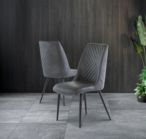 AMB01 - Pair Of - Amber Dining Chair - Grey PU - Stitch Detail - Black Powder Coated Legs