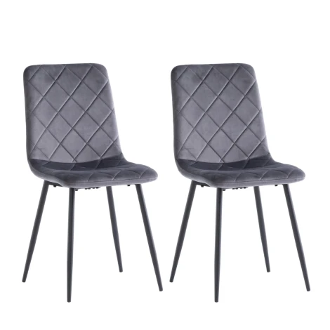 BEL01 - Pair Of - Bella Velvet Dining Chair - Grey  - Cross Stitch Detail - Black Powder Coated Legs