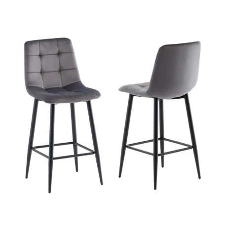 BEL21 - Pair Of - Bella Bar Stool - Grey Velvet Fabric - Cross Stitch - Black Powder Coated Legs