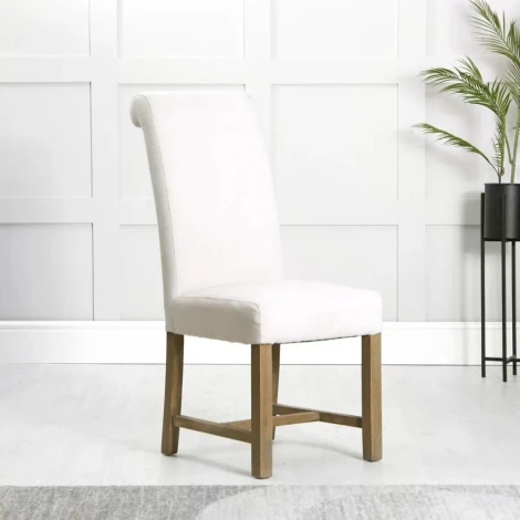 Pair Of -  Canterbury - Natural 100% Wool - Fabric - Solid Oak - Roll Back Dining Chairs