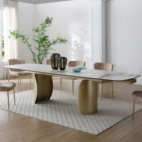 DTX-321WH - Palazzo Matte White & Earth Vein Italian Ceramic Side Extending Dining Table (200-300cm)