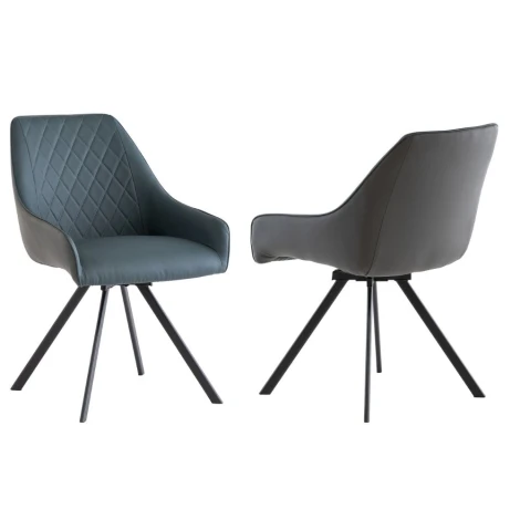 SEV02 - Pair Of - Seville - Swivel Dining Chair - Dark Grey & Blue - PU Leather Upholstery - Black Powder Coated Legs
