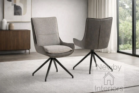 CH-153GR - Plush Light & Dark Beige Swivel Dining Chair Contrasting Fabric Black Metal Spider Legs (Pair)