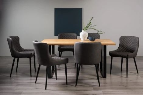 H51004U-01-FGY-6 - Ramsay Oak Melamine 6 Seater Table & 6 Cezanne Dark Grey Faux Leather Chairs - Black Legs