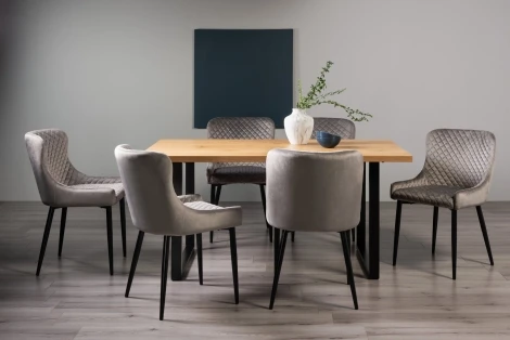 H51004U-01-VGY-6 - Ramsay Oak Melamine 6 Seater Table & 6 Cezanne Grey Velvet Chairs - Black Legs