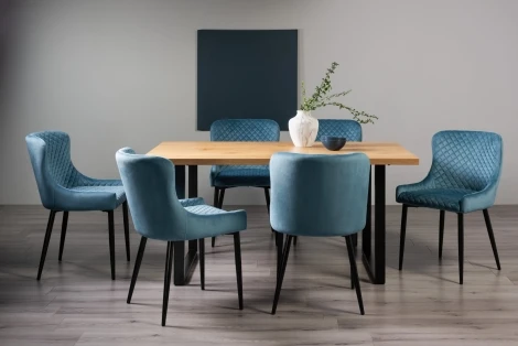 H51004U-01-VPB-6 - Ramsay Oak Melamine 6 Seater Table & 6 Cezanne Petrol Blue Velvet Chairs - Black Legs