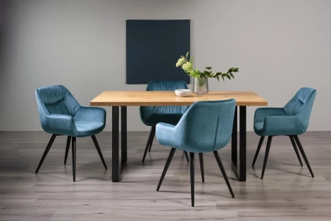 H51004U-40-VPB-4 - Ramsay Oak Melamine 6 Seater Table & 4 Dali Petrol Blue Velvet Chairs