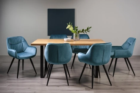 H51004U-40-VPB-6 - Ramsay Oak Melamine 6 Seater Table & 6 Dali Petrol Blue Velvet Chairs