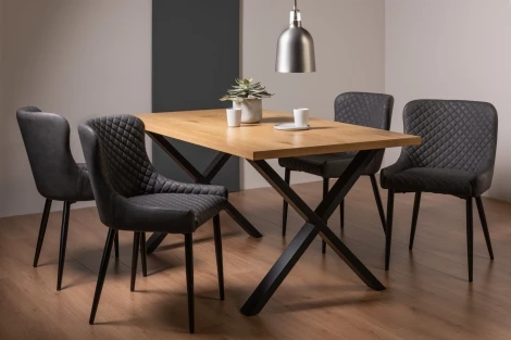 H51004X-01-FGY-4 - Ramsay - Oak Melamine Top - Rectangular- 6 Seater Dining Table X Leg & 4 Dark Grey Faux Leather Chairs - Black Legs