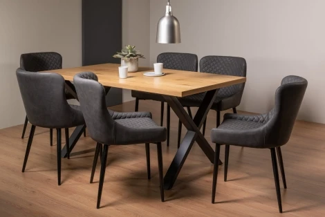 H51004X-01-FGY-6 - Ramsay - Oak Melamine - Rectangular- 6 Seater Dining Table X Leg & 6 Dark Grey Faux Leather Chairs - Black Legs